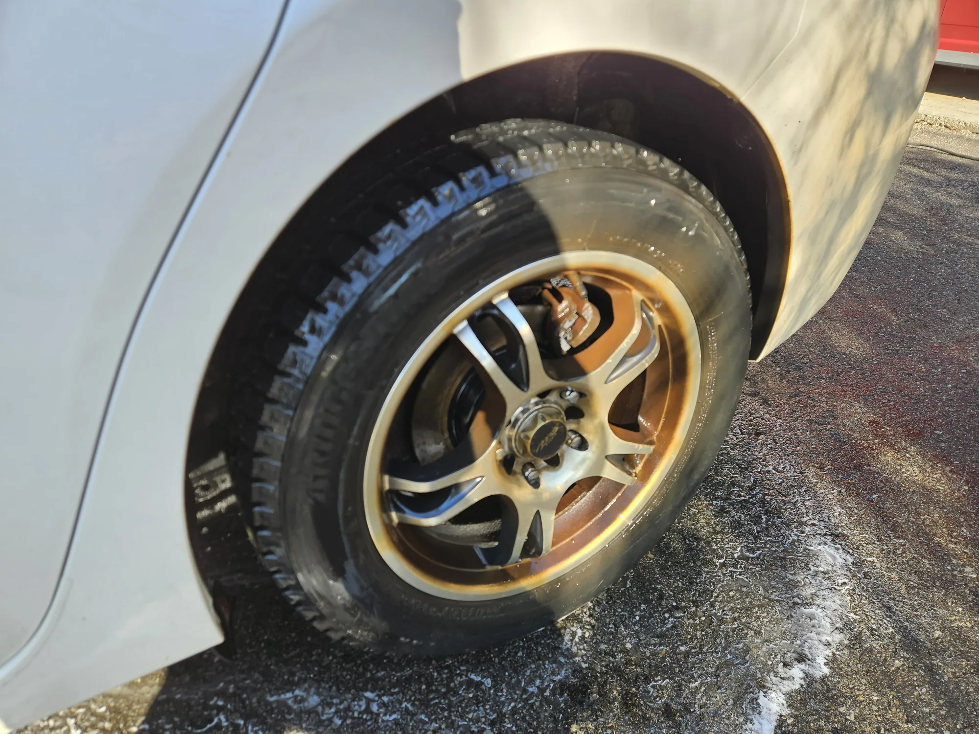 Wheel being decontaminated